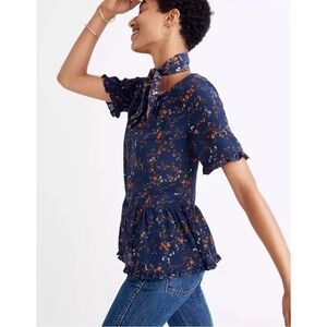 NWOT Madewell Silk Stanza Ruffle-Hem Top in Moonless Floral XXS oversized blouse